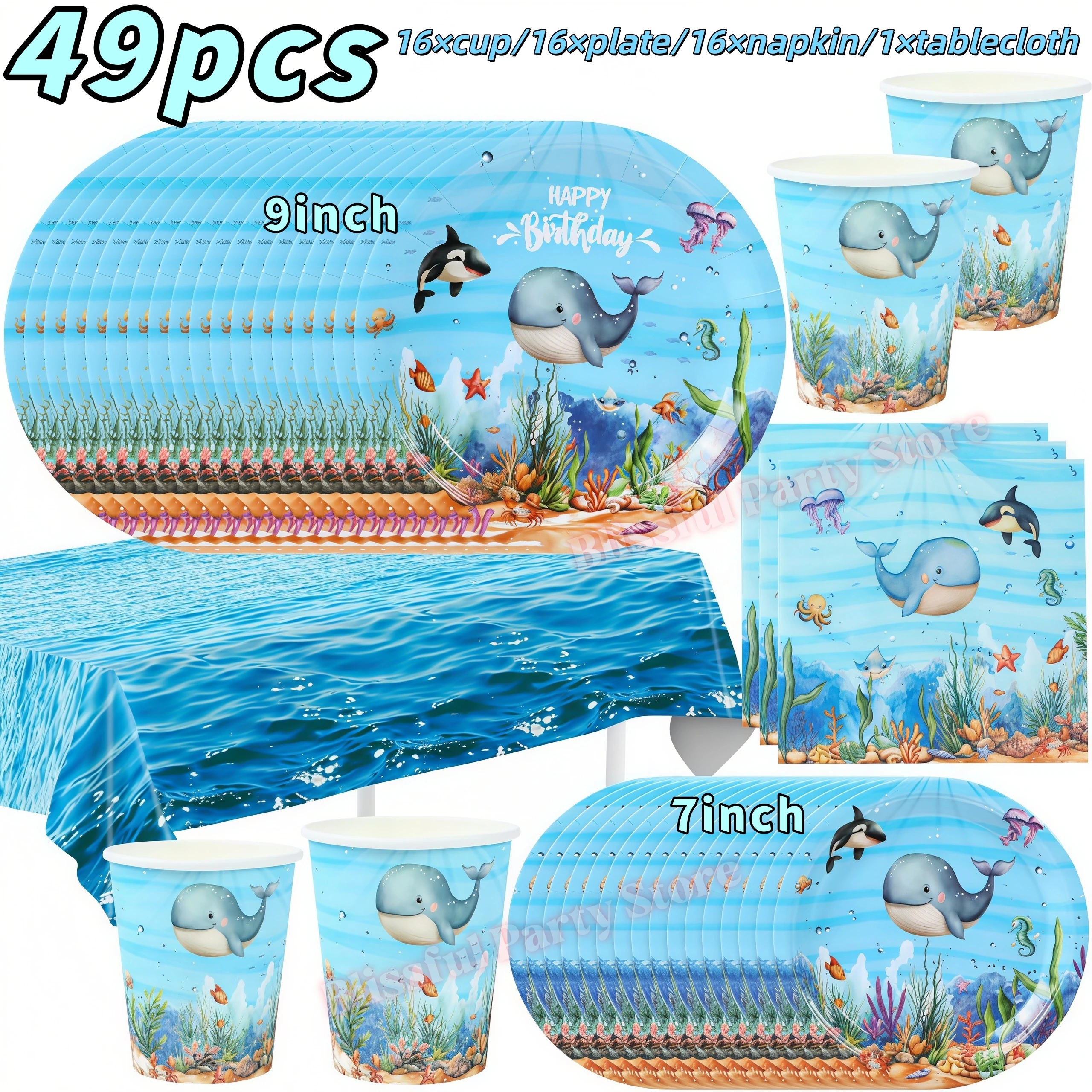 Meeres-Tier Einweggeschirr für die 1. Geburtstagsfeier, Dekorationen, Kinder-Gastgeschenke, Unterwasser-Wal-Babyparty-Zubehör, Geschenke – Detail 23