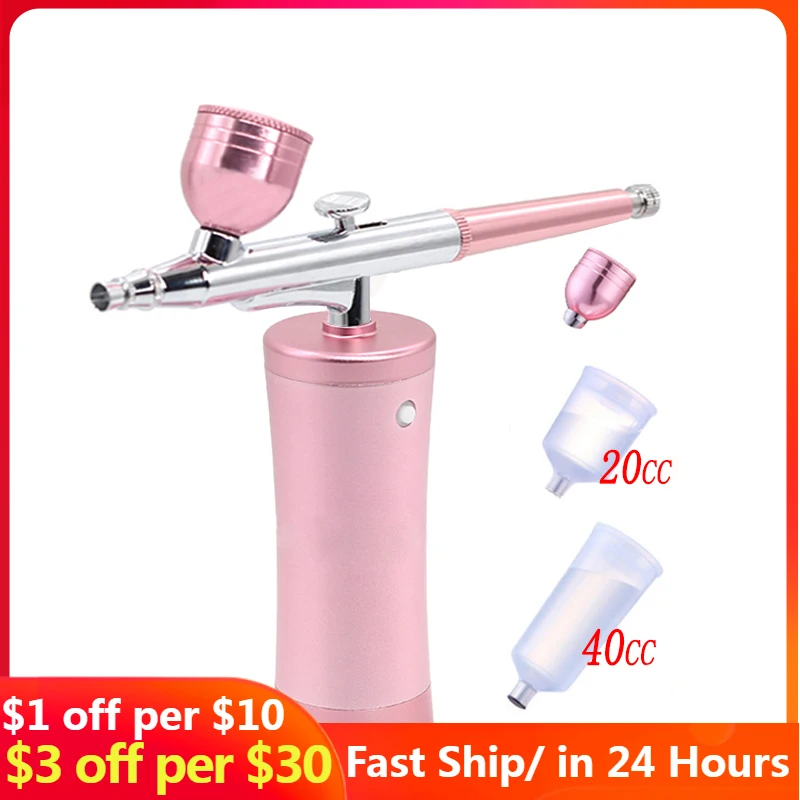 Top 0.3mm Pink Mini Air Compressor Kit Air-Brush Paint Spray Gun Airbrush For Nail Art Tattoo Craft Cake Nano Fog Mist Sprayer mini nano mist sprayer face steamer new mini air compressor kit facial airbrush sprayer water oxygen steam device humidifier