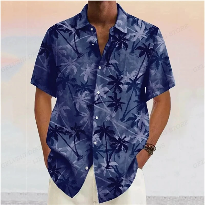 Summer Men Hawaiian Shirts Coconut Tree Lapel Camisas Men Fashion Short Sleeve Shirt Floral Blouse Turn Over Collar Clothes Male 6