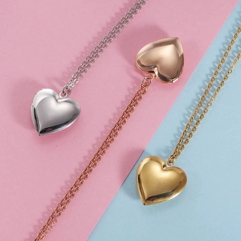 10Pcs Photolocket Pendant Necklace Mirror Polish Stainless Steel Heart Box Pendant Necklace For Women's Fashion 2023 Jewelry
