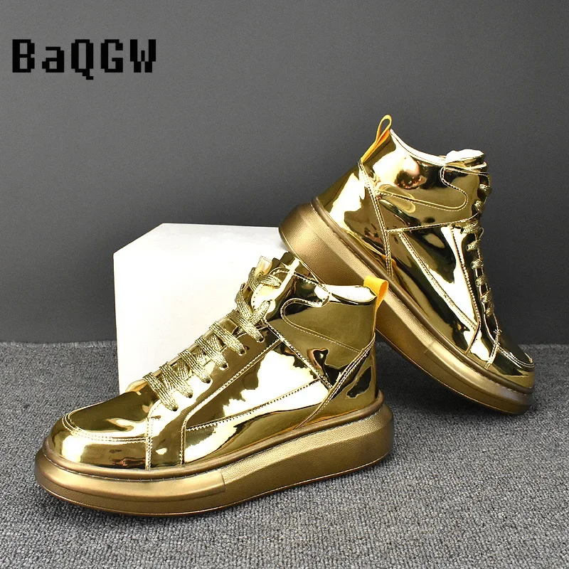 Bottes de moto montantes en cuir à lacets imperméables pour hommes, chaussures d'extérieur à plateforme, tendance, Gloden SLiver_voghion.com