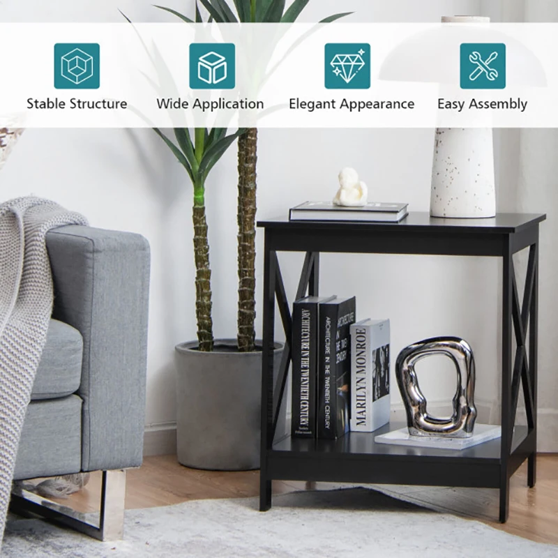 

3 Colors 2-Tier Side Table with X-shape Design and 4 Solid Legs Coffee Tables Living Room Furniture