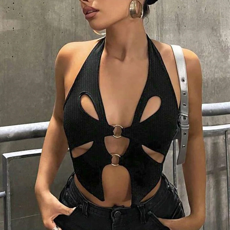 Y2k Metall hohl schwarz Tank Top E-Girl Gothic Grunge schwarz Crop Top Vintage Frauen Trim Leibchen Harajuku Retro Fee Weste Sommer
