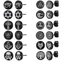 6pairs/set Black Round Stud Earrings Skull Celtic Cross Star of David Viking Wolf Tree Fighter Eye of Horus Unisex Jewerlry QC24 1