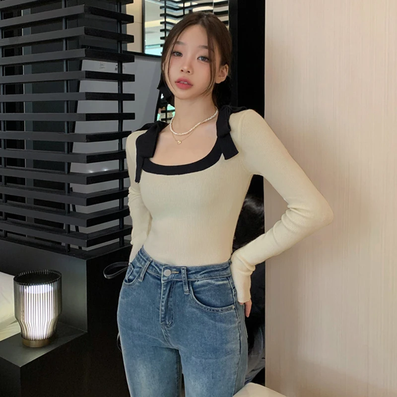 

Knitting Bow Tie Square Collar Long Sleeve Sweater Tops for Women Fashion Solid Color Bottom T-shirts for Girls Ladies Slimming