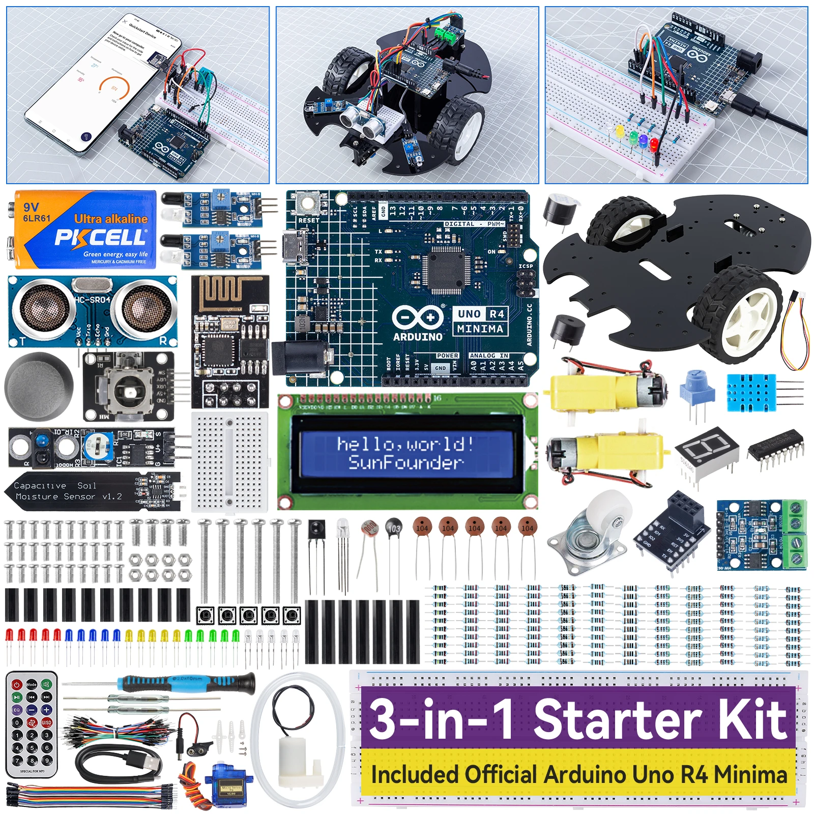 Sunfounder Ultimate Starter Kit Con Originale Arduino Uno R4 Minima, 3 In 1 Iot/Smart Car/Kit Di Base Con Tutorial Online