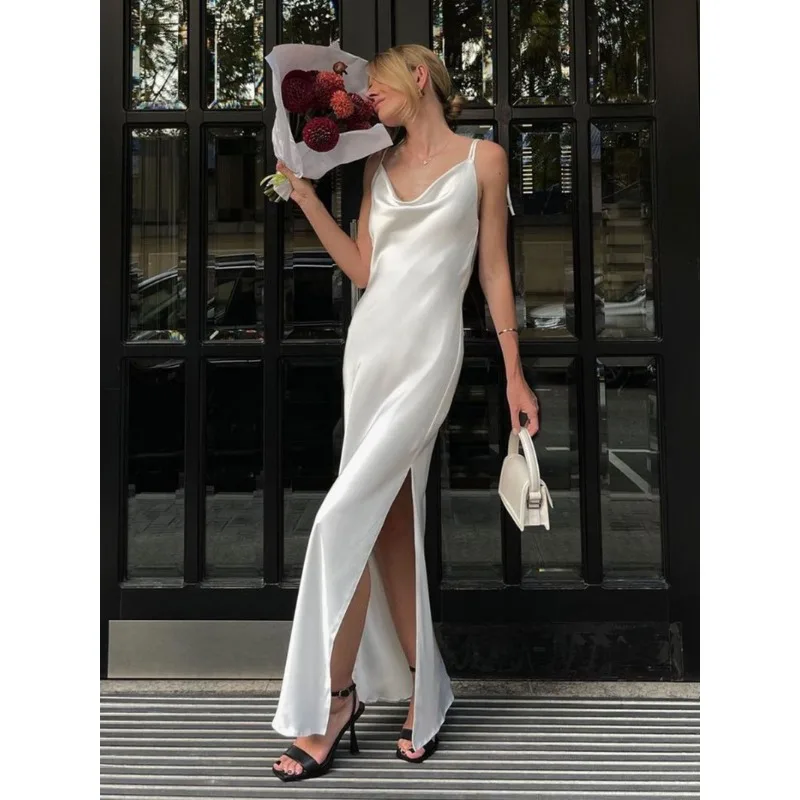 Women¡®s Sexy High Silt Spaghetti Strap Chain Long Dress V Neck Sleeveless Lace Up Backless Loose Evening Club Party Dress