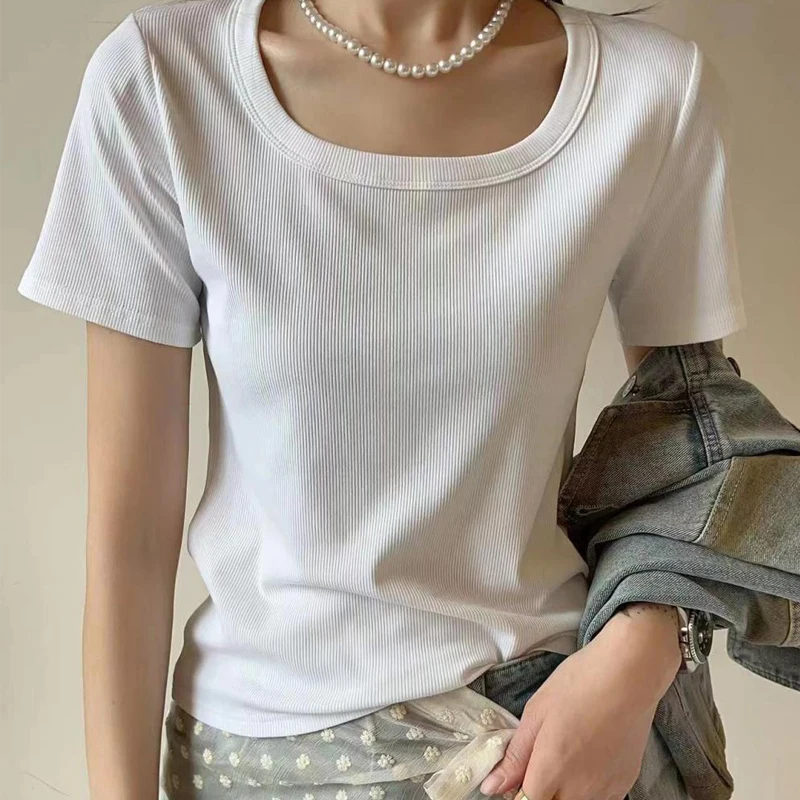 Trendy  5A antibacterial thread square collar high elastic T-shirt high elastic simple all match Solid  Version Top Sim  Student