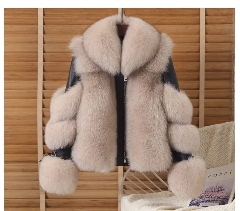 2025 Winter New Imitation Fox Fur Grass Jacket for Women Short Fashion long sleeves Motorcycle Jackets Women's Zipper Outwear