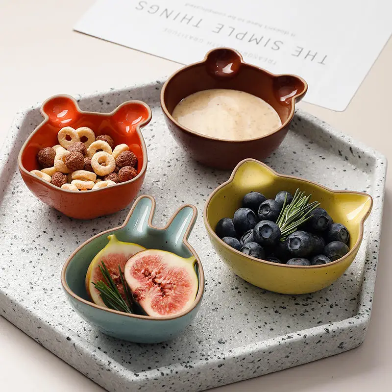 Cute Cartoon Ceramic Small Dish Household Flavored Dish Sauce Fruit Nut Dishes Creative Snack Seed Bowl Cat Bowl Tableware BBQ