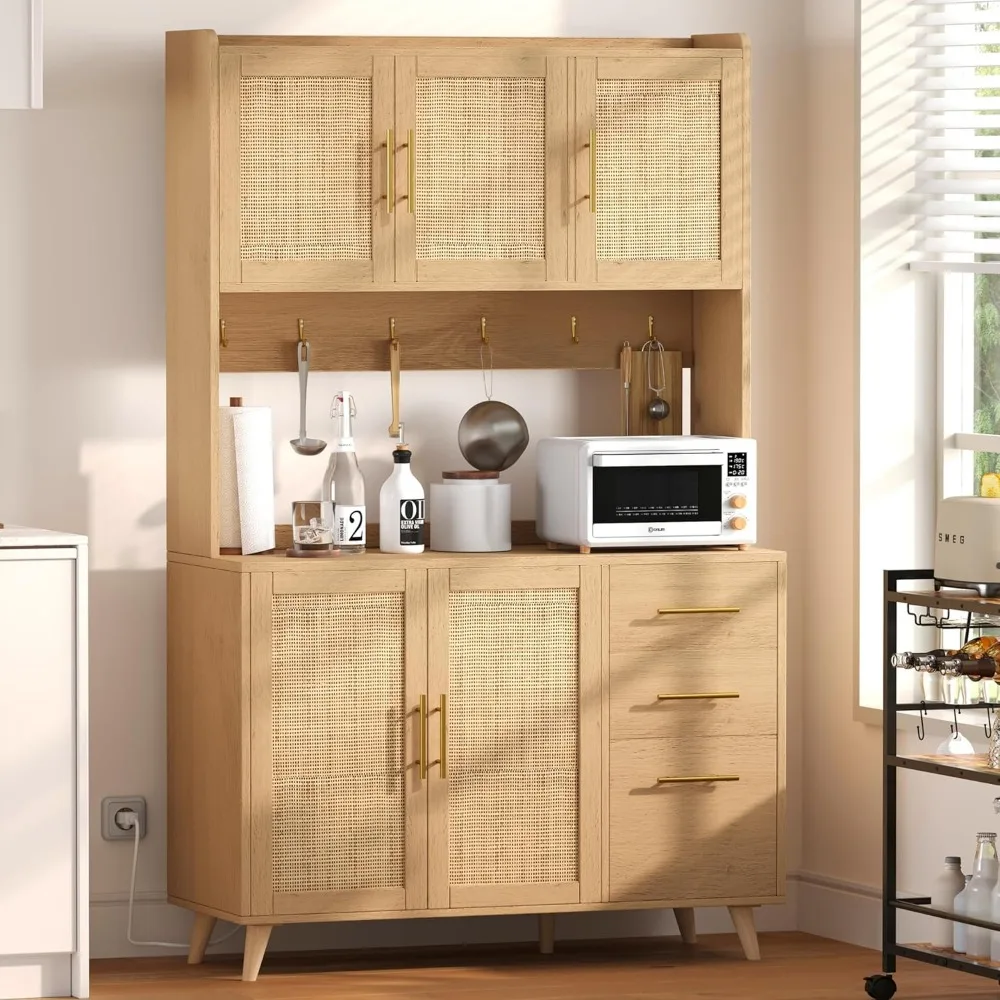70.9" Kitchen Pantry Cabinet w/ Microwave Shelf,Rattan Freestanding Storage Cabinet w/ Charging Station,Sideboard Buffet Cabinet 4