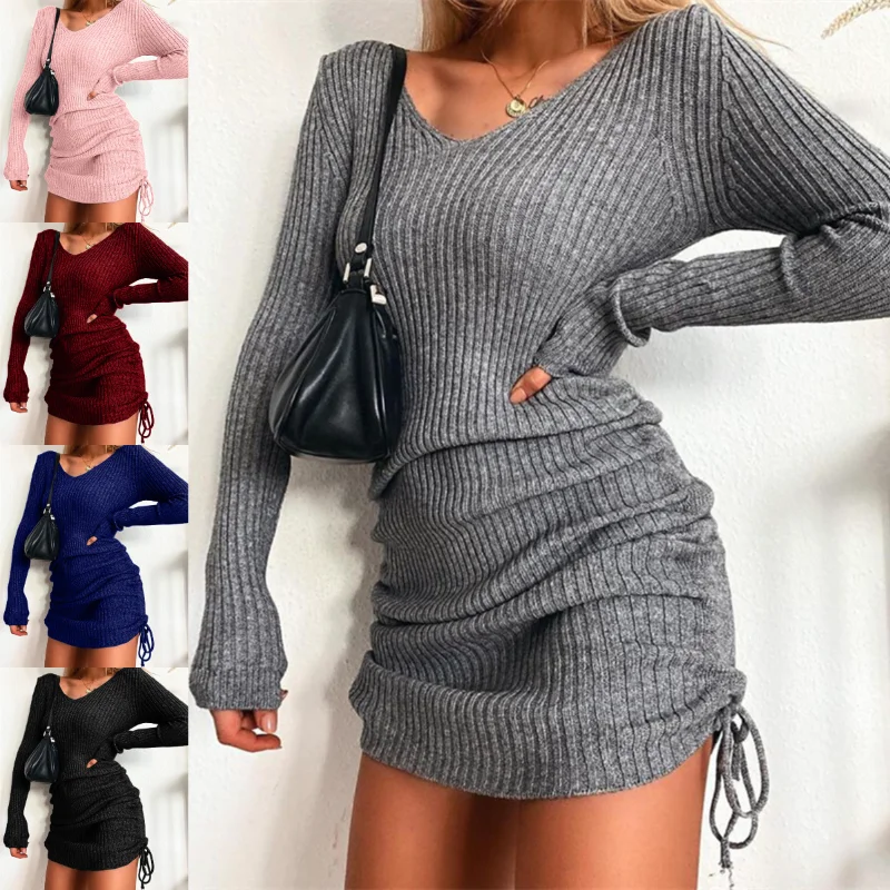 

Women's Dress Knitted Drawstring Sexy Mini Dress Autumn Elegant Fashion V-Neck Long Sleeve Bodycon Party Dresses Female платье