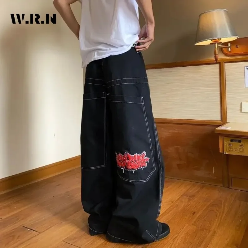 

American Retro Grunge High Waist Oversized Jeans For Women Casual Baggy Pocket Y2K Pants Wide Leg Streetwear Print Denim Trouser