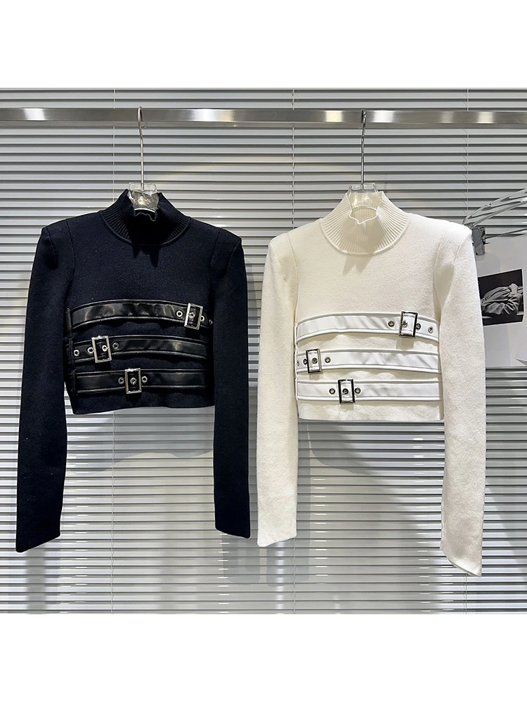 

HIGH STREET Newest 2023 Designer Fashion Women Pickup Buckle Strap Slim Fitting High Neck Shoulder Pad Knitted Pullover
