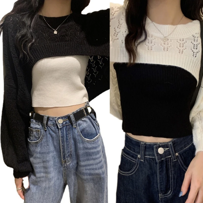 

Vintage Knitted Shrugs Cropped Sweaters for Women Loose Hollow out Smock Sweater