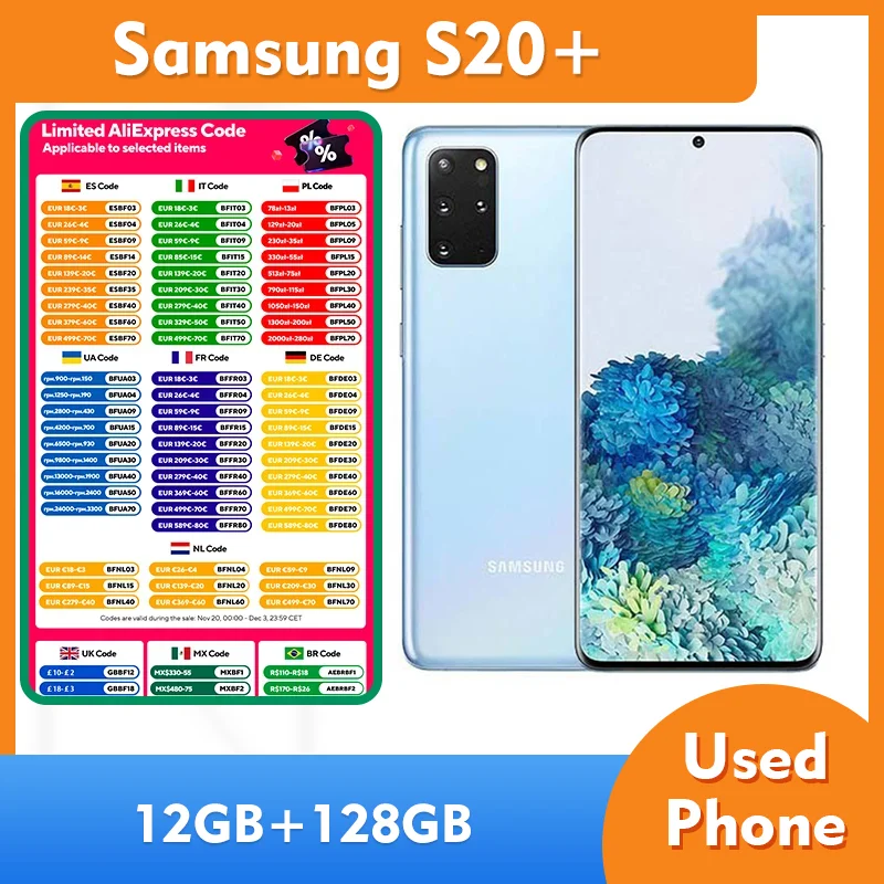 Samsung Galaxy S20+ S20 Plus 5G RAM 12GB ROM 128GB SmartPhone 6.7inch CPU Qualcomm Snapdragon 865 4500mAh 64MP used phone