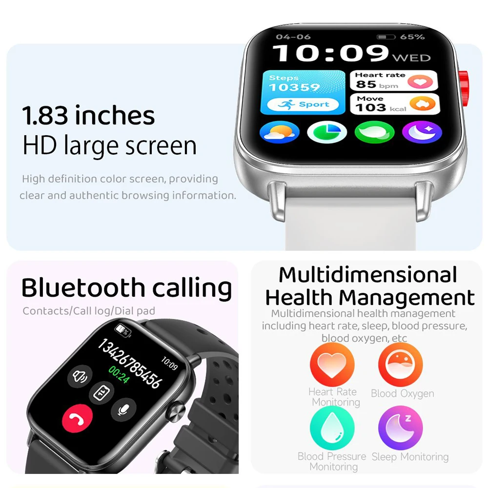 1.83 inch Smart Watch Heart Rate Health Monitoring Sports Bracelet BT Calling For Women Men + Box