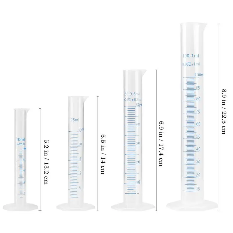 Plastic Measuring Cylinder 4Pcs Cylinder Measuring Graduated Plastic 100Ml 50Ml Test Tube Set 10Ml Lab Cup Science Transparent Ml Beakers
