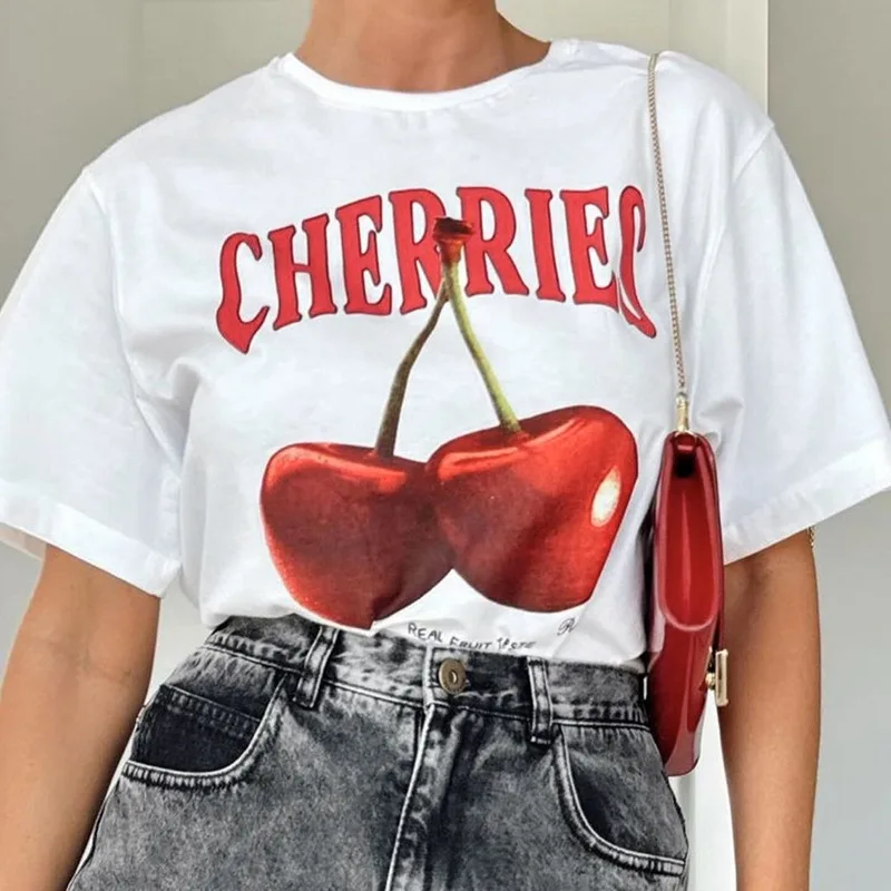 

2024 Summer Letter Cherry Printed Loose Casual T Shirt Women O Neck Short Sleeve Concise Commute Tops Lady Graphic Street Tees