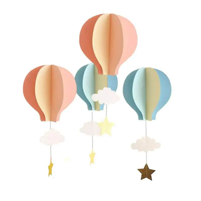4pcs Hot Air Balloon 3D Paper Pendant Clouds Stars Wall Hanging Kids Bedroom Home Decor Wind Chimes Hanging Decorations 6