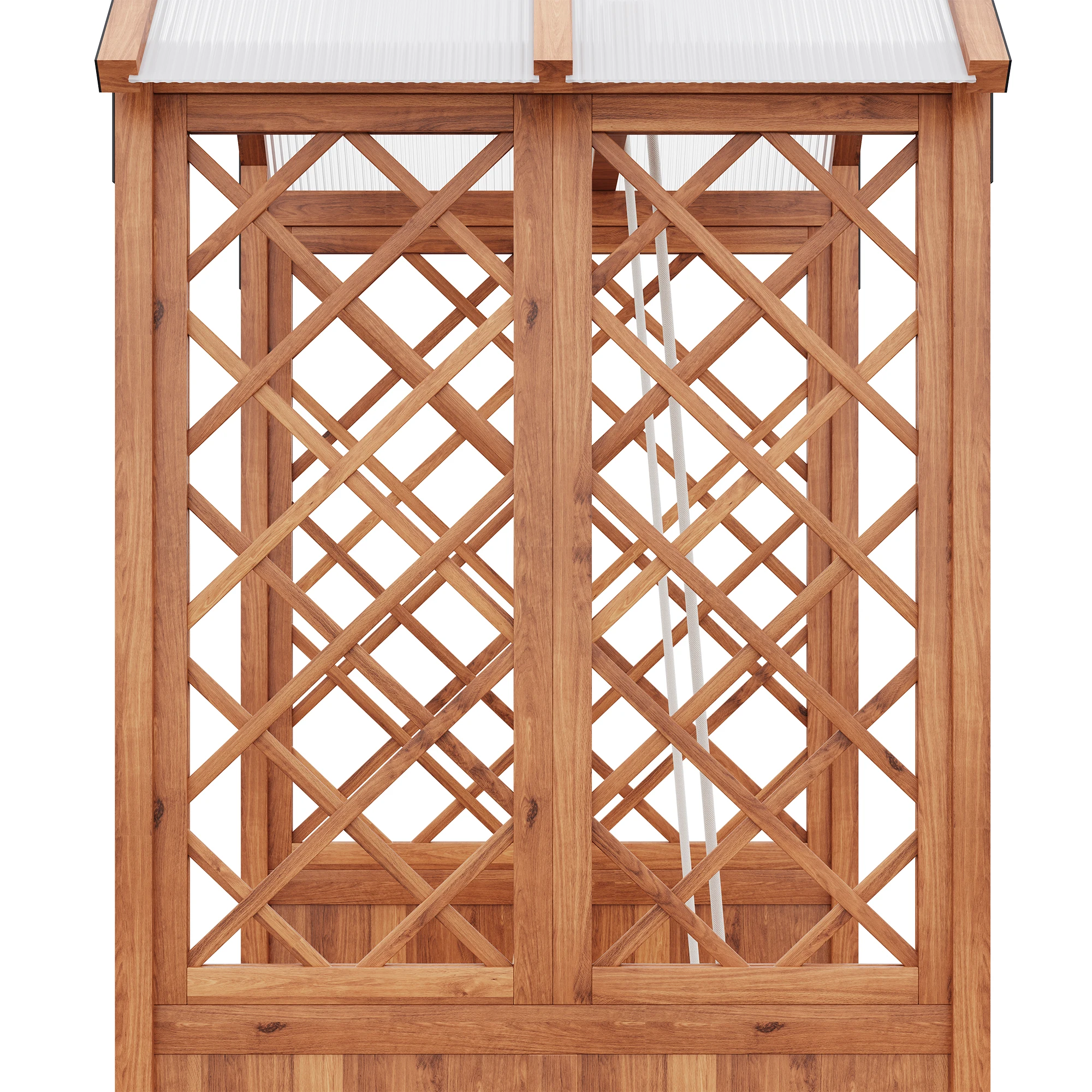 Hängender Blumentopf für den Außenbereich mit Rankgitter und Polycarbonat-Sonnenschutz. Braunes Massivholz, ideal für Garten, Hof und Terrasse. – Detail 13