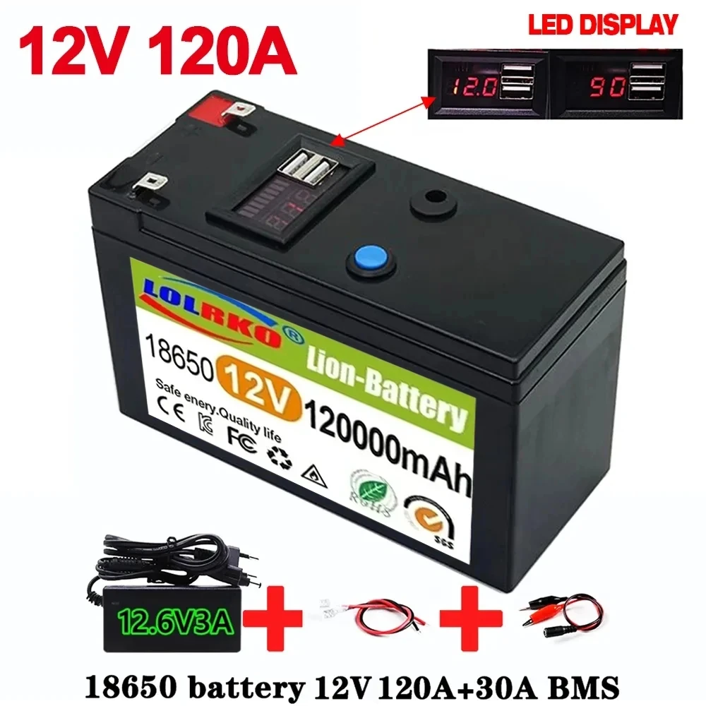 

Upgraded LiFePO4 18650 12V Lithium Battery 120Ah Portable Rechargeable Battery Built-in 5V 2.1A Usb Power Display Port Charging