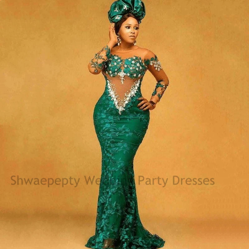 

Arabic Aso Ebi Lace Mermaid Evening Dresses Illusion Long Sleeves Appliques Beaded African Prom Gowns For Women 2023