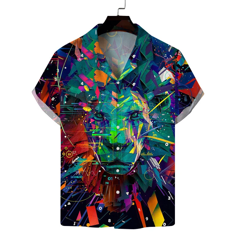 

New Fashion Lion Printing Mens Loose Shirts 2023 Spring Summer Short Sleeve Buttoned Lapel Cardigan Casual Men Shirt Streetwear