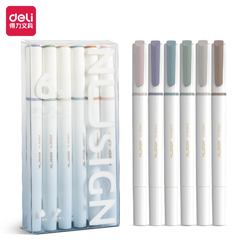6Pcs/Set Deli Nusign Double Head Highlighters,Fluorescent Marker Kawaii