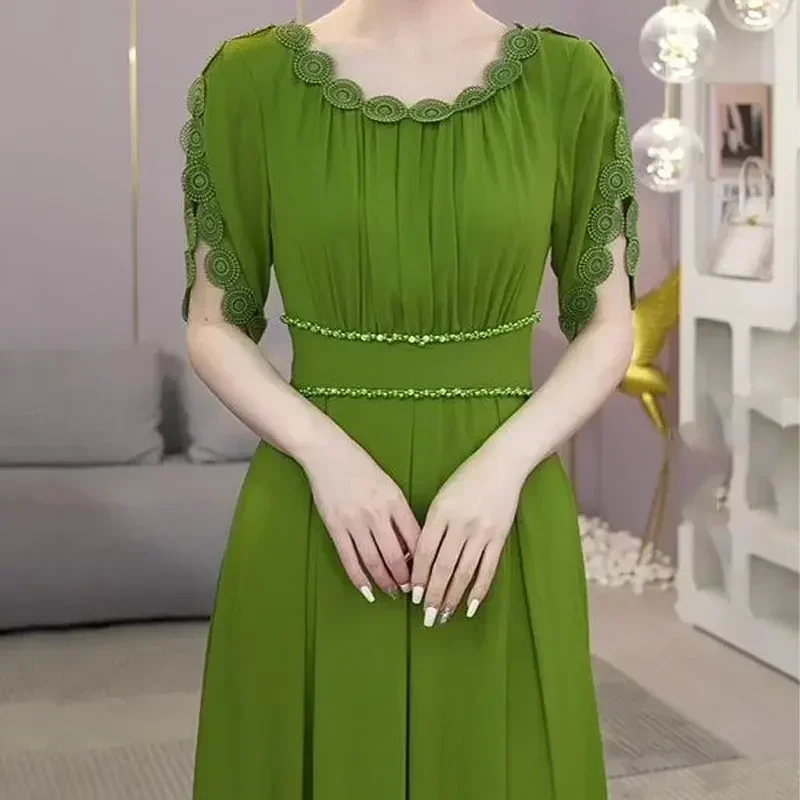 

Summer Elegant Petal Sleeve Dresses Stylish Lace Spliced Pleated Clothing Waist Chic Beading Casual O-Neck Long Dress F80