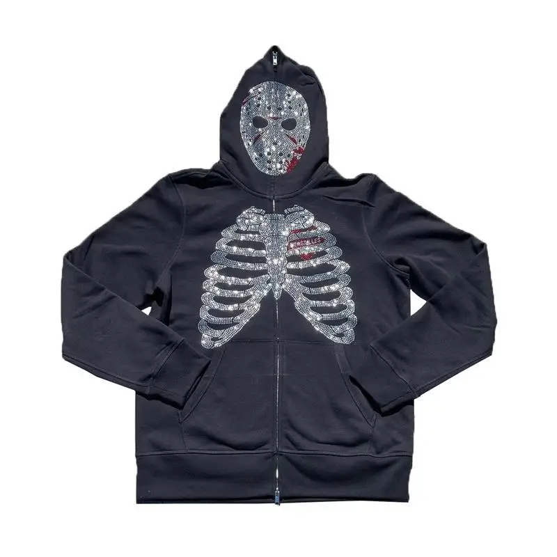

Fashion Full Zip up Skeleton Hoodie Y2K Men Rhinestones Skull Spider Hoodies Mens Streetwear Goth Sweatshirt Oversized Clothing