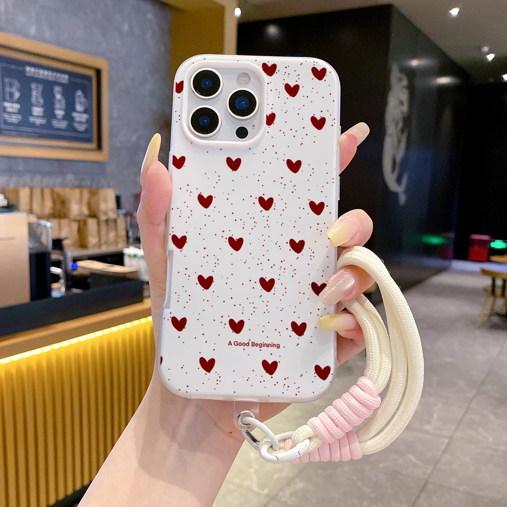Heart Polka Dot Wrist Strap TPU Phone Case with Lanyard Cover