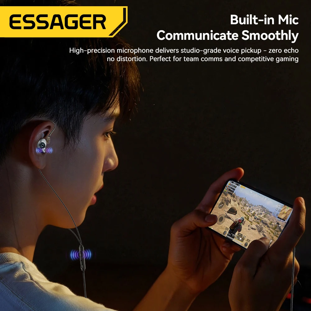 Essager USB Type C 3.5mm Game Wired Earphones In Ear HiFi Headphones Bass Stereo Game Music Earplugs Noice Cancelling Headset
