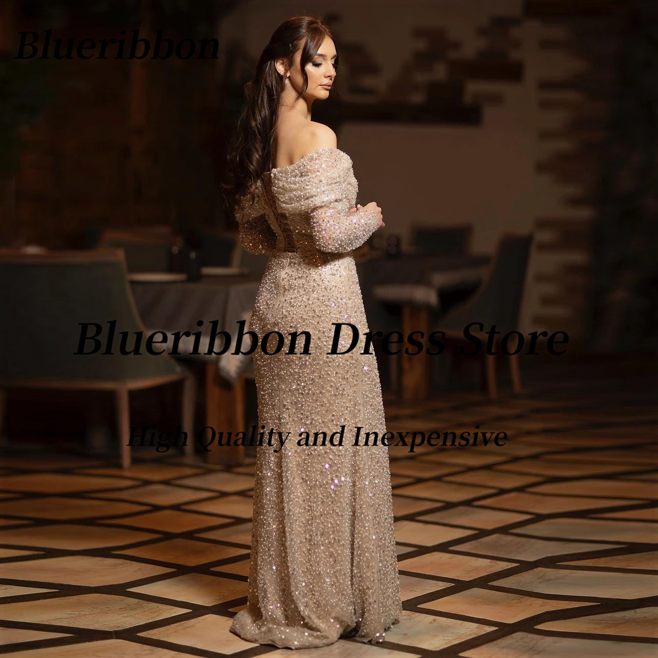 

Blueribbon Luxury Beaded Sequins Prom Dresses Elegant Women Wear Bateau Neck Evening Gown Lace Up Back Long Sleeves Vestidos De