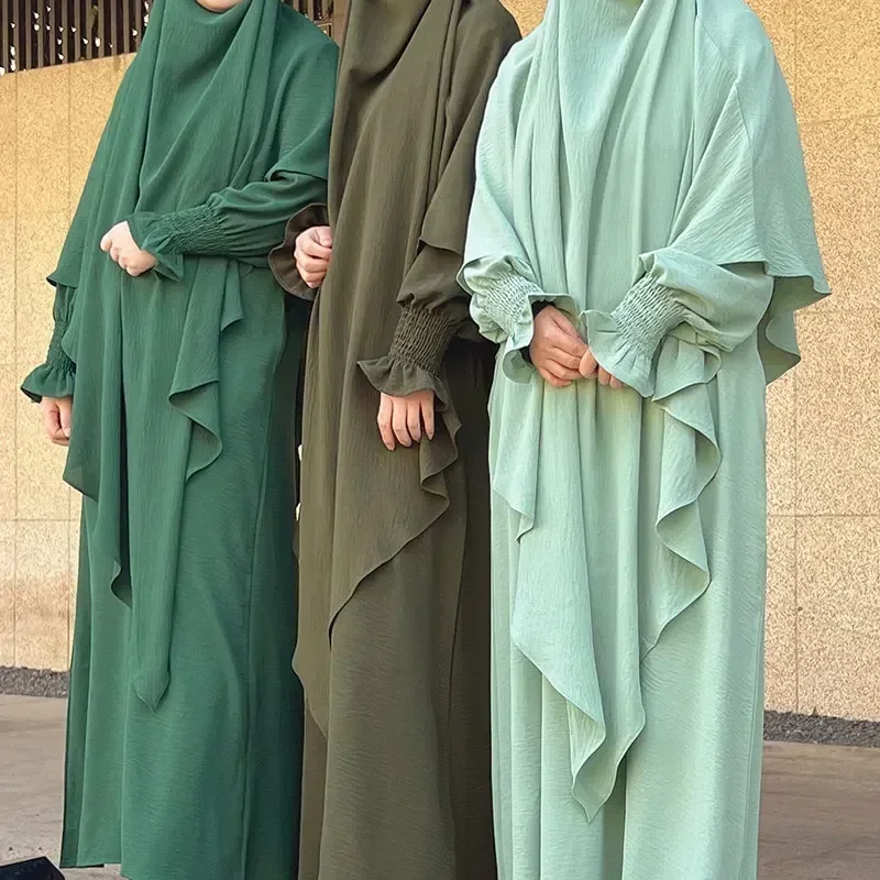Jilbab Set Muslim Women Prayer Outfit Ramadan Eid Islam Clothes Long Khimar with Abaya Dress Dubai Turkey Burqa Kaftan 2 Piece