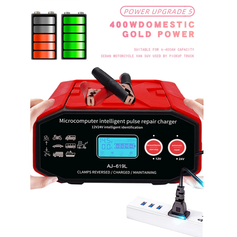 

Car Battery Charger High Power 400W LED Display Quick Charge 12V-24V Smart Pulse Repair for Car SUV Truck Ship