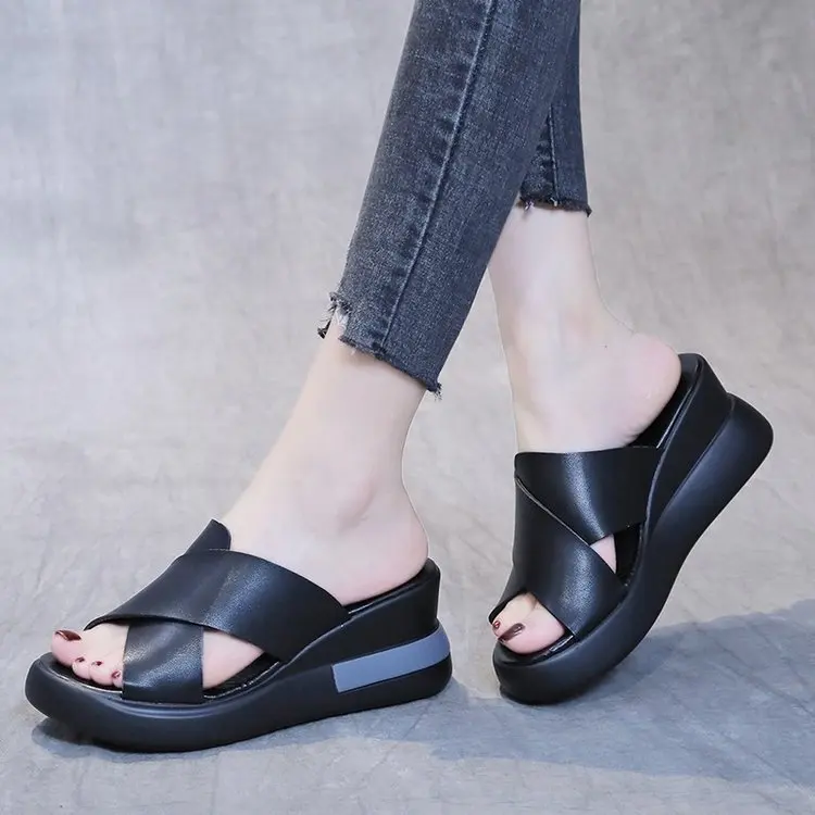 Thick-soled Wedge Sandals Women 2022 New Summer High-heeled Fish Mouth Women's Shoes Soft Leather High Platform Shoes Slippers