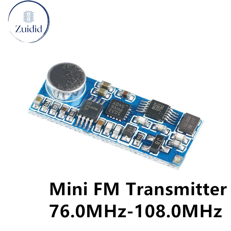 

Mini FM Wireless Microphone Transmitter Module Single Channel Board 3-5V 100mW Adjustable Sensitivity USB to TTL 80KΩ 76-108MHz