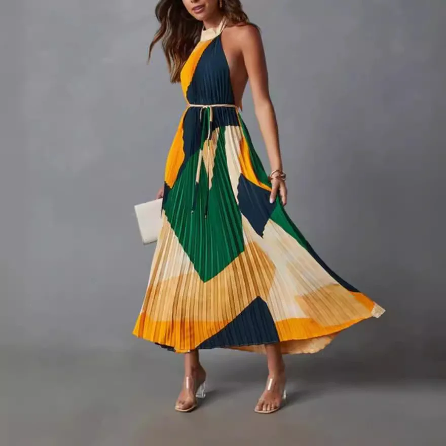 

Long Wide Dress Women's Sleeveless Halter Strap Sexy Party Women's Halter Neck Strap Dress Folding Printed Pleated Long Dress