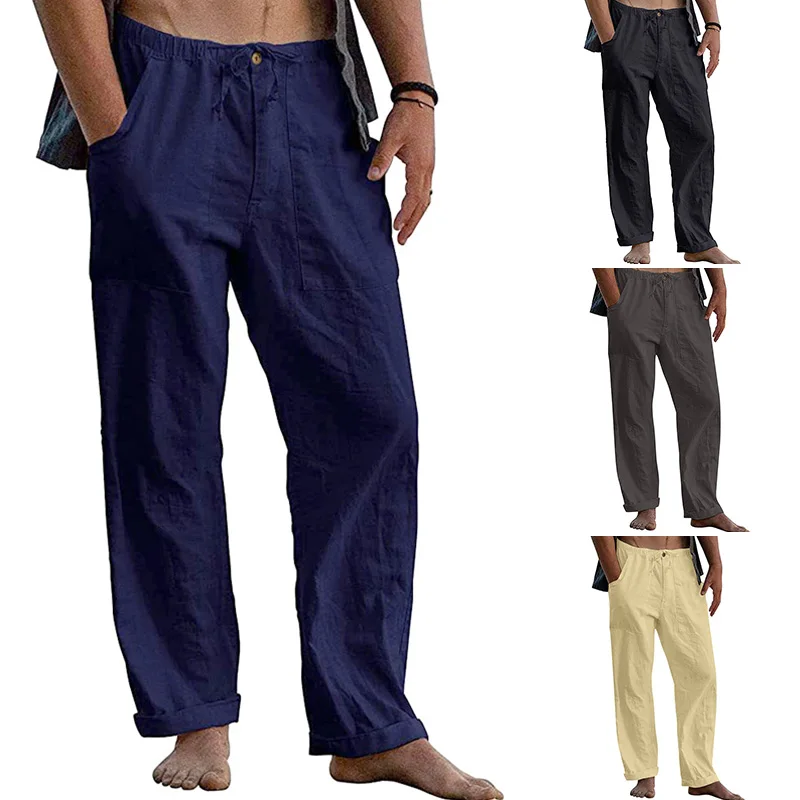 

Fashion Pure Color Men's Linen Pants Yoga Beach Loose Casual Long Pants Summer Elastic Waist Drawstring Belt Trousers