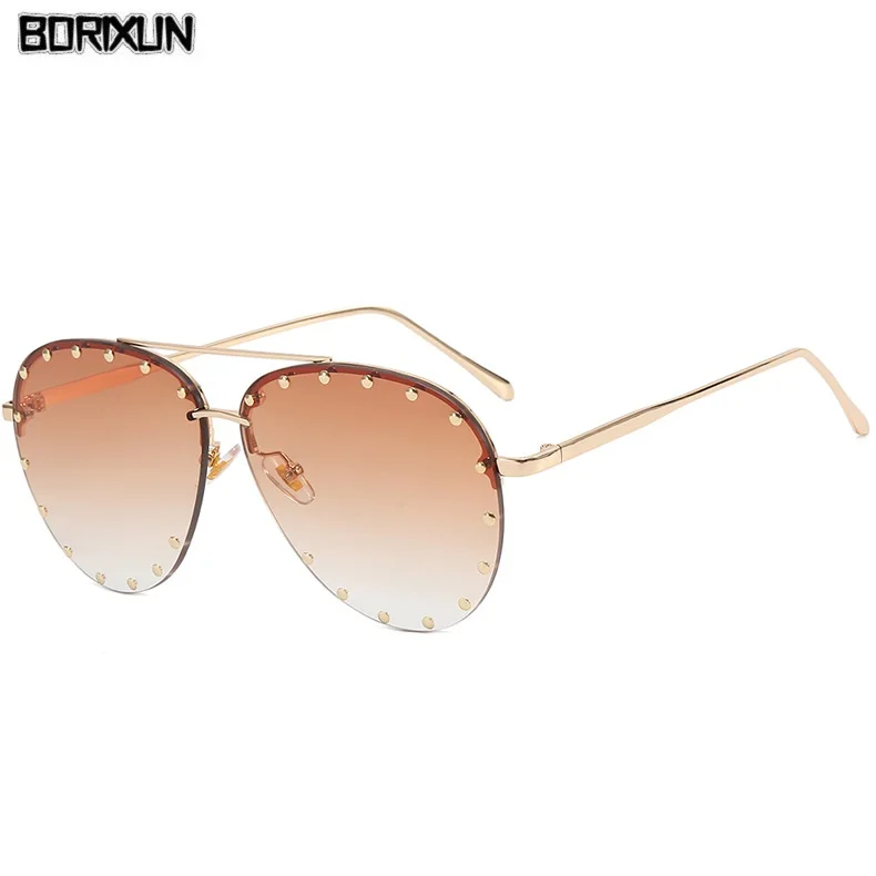 2022 Diamant Strass Sonnenbrille Damen Mode Gradient Metall Polygon Randlose Eyeware Outdoor Sonnenschutz Sonnenbrille_voghion.com