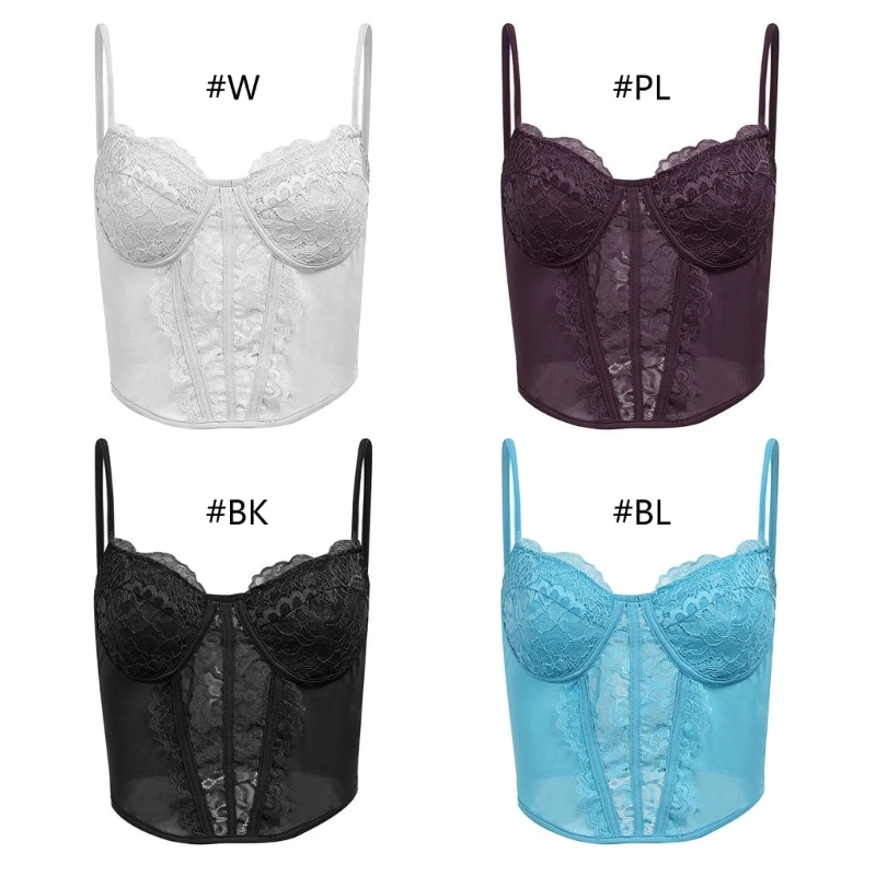 

Womens Sexy Hollow Out Eyelash Lace Splicing Corsets Crop Top Summer Spagehtti Strap Sleeveless V-Neck Bustier Camisole Dropship