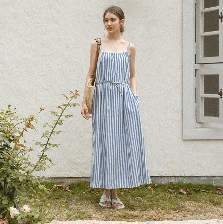 

Chic Cotton Linen Long Dresses For Women Striped Sexy Halter Women'S Summer Dress Elegant Party Dresses Maxi Boho Sundress