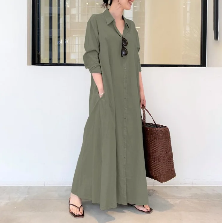 

2023 Autumn Oversize Women's Long Dress Black Cotton Linen Pocket A-lien Shirt Dresses Female Fashion Casual Solid Clothes Lady
