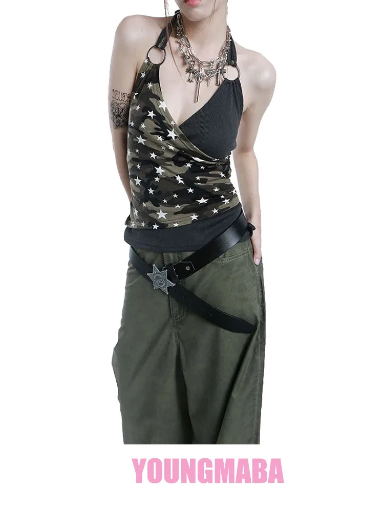 

Vintage Streetwear Y2k Tank Top Stitching Fake Two-piece Women Star Army Green Camo Strap Metal Neck Strap Gothic