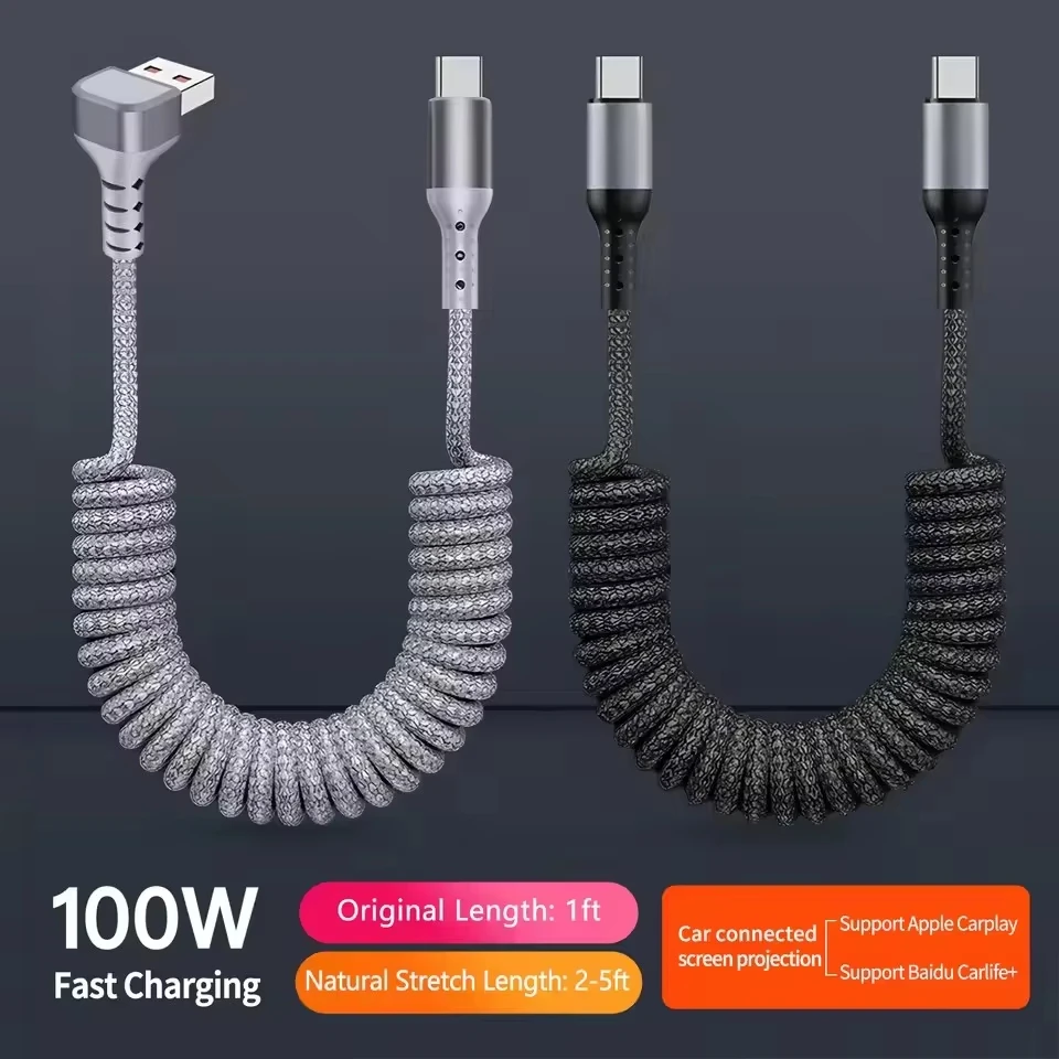 90 °   USB-C to 타입 C 코일형 충전 케이블 리트랙터블 고속 충전 브..