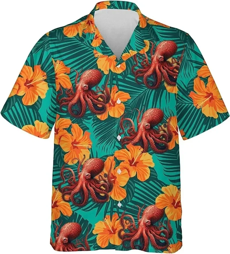 thumbnail image 1 of Camisa de verano para hombre con estampado 3D de pulpo y animales marinos, manga corta, botones de solapa, camisas personalizadas para viajar al trabajo, estilo hawaiano, 1 of 5