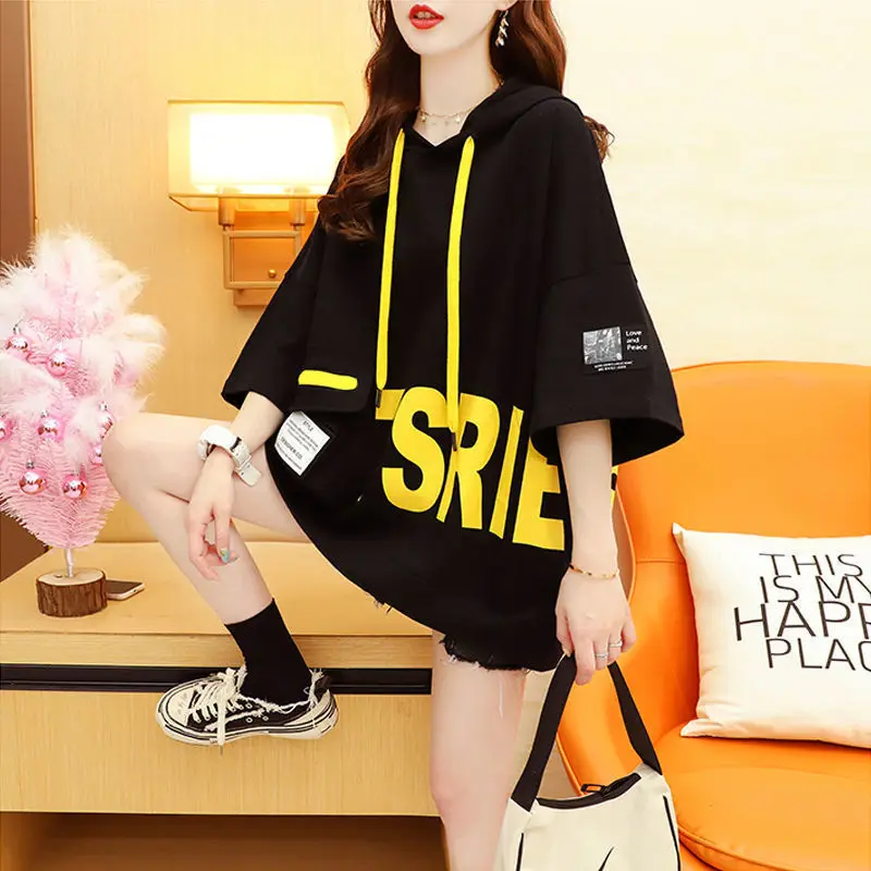 2023 Summer New Letter Printing Hoodies Women Fashion Loose Falling Shoulder Sleeve Drawstring Pullovers Ladies Pocket Tees