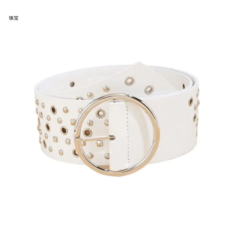 

X5QE 2000s Women Casual Waist Belt for Pants Skirt Pin Buckle PU Waistband Rivet Studded Wide Belt for Jeans Girl Waiststrap