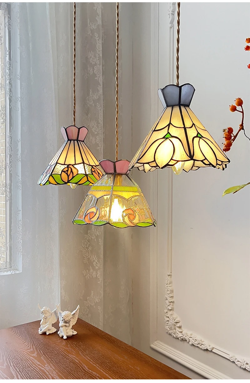 Color Tiffany Glass Pendant Light Industrial Loft Hanging Lamp Ceiling Chandelier Lighting Living Room Dining Kitchen Restaurant